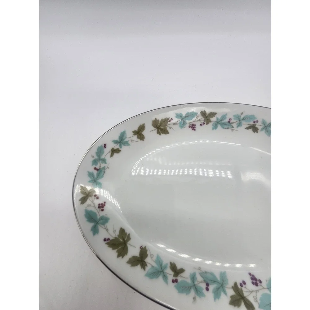 Vintage Fine China Japan 6701 Oval Platter Teal Green Leaf Berry Silver Rim 10